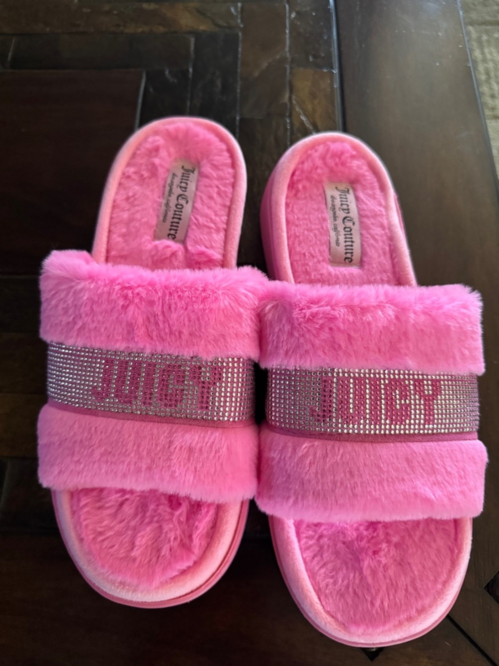Juicy Couture Bright Pink Fuzzy Rhinestone Logo Slide Slippers